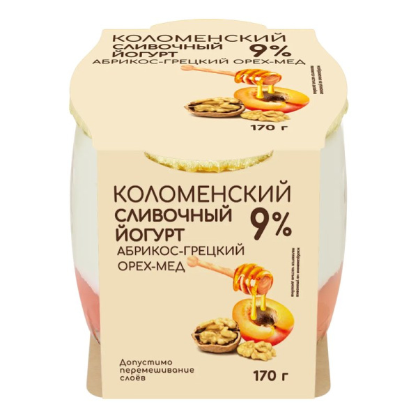 Йогурт Коломенский сливочный абрикос-грецкий орех-мед 9% 170г ст/б