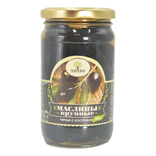 Маслины Амадо черные крупные с косточкой 350г ст/б